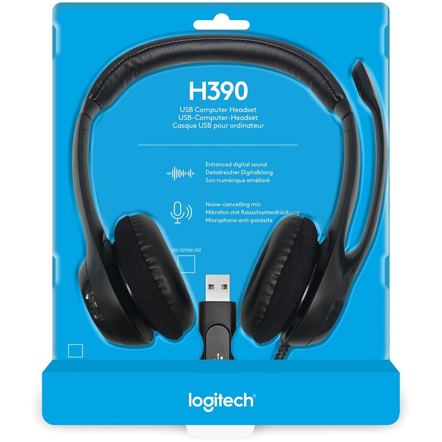 Logitech H390 Wired Headset, Stereo Headphones with Noise-Cancelling Microphone, USB, In-Line Controls, PC/Mac/Laptop - Black