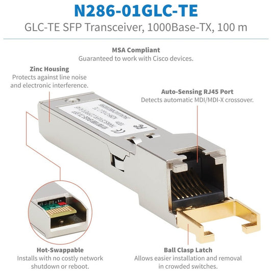 Tripp Lite by Eaton Connectivity Cisco Compatible GLC-TE-SFP CAT6 Transceiver 10/100/1000BASE 100M