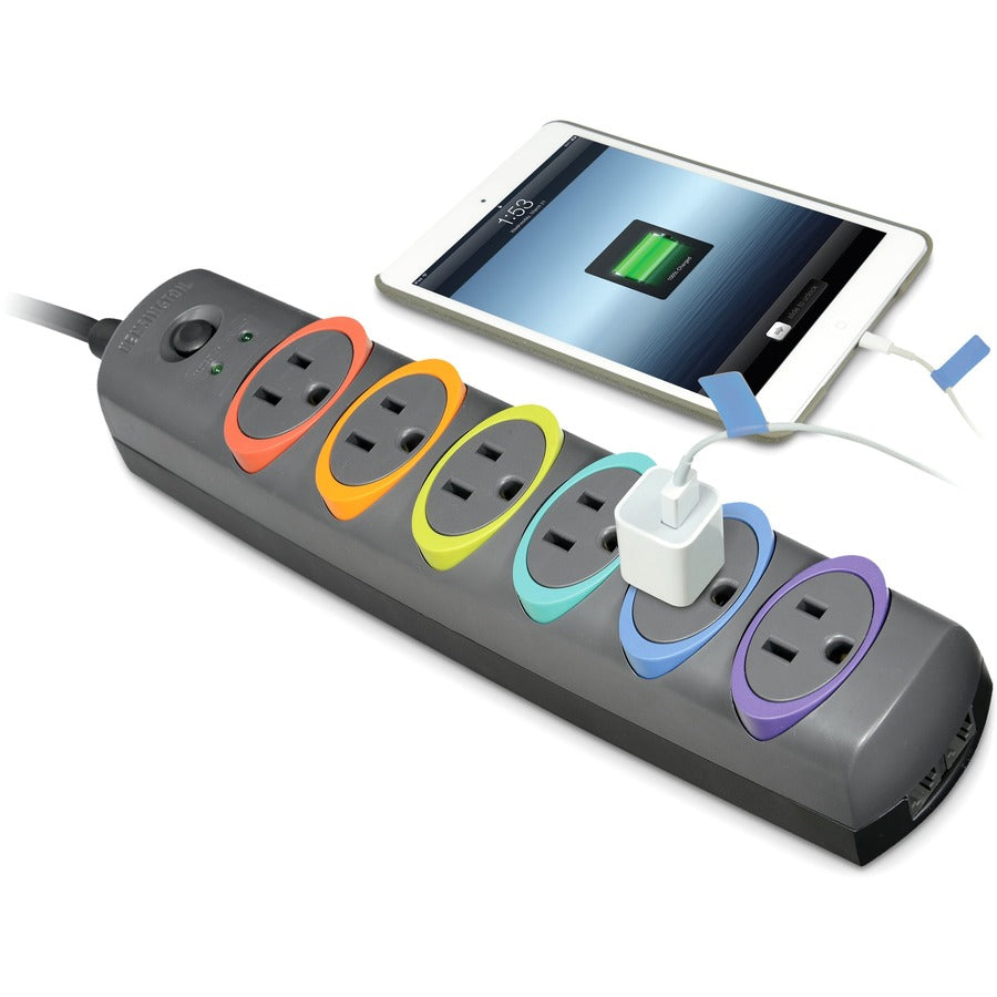 Kensington SmartSockets Surge Strip, 370 Joules, 6' Cord, 6 Power & 1 Phone Outlet, Color Coded