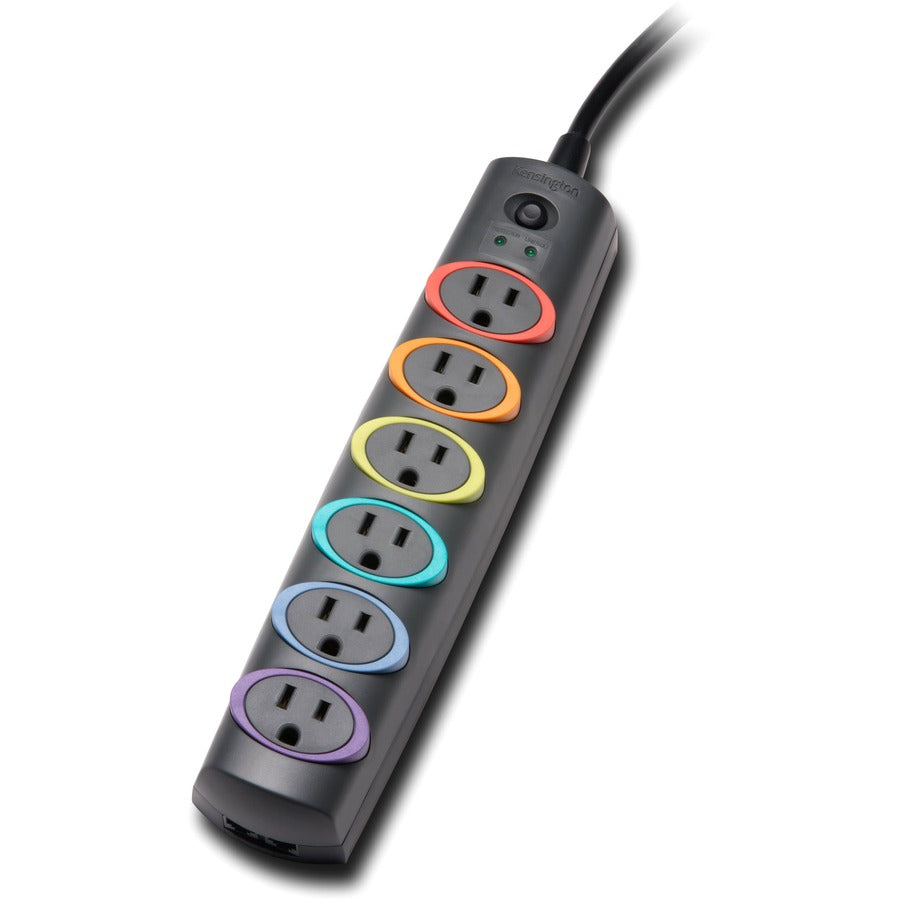 Kensington SmartSockets Surge Strip, 370 Joules, 6' Cord, 6 Power & 1 Phone Outlet, Color Coded